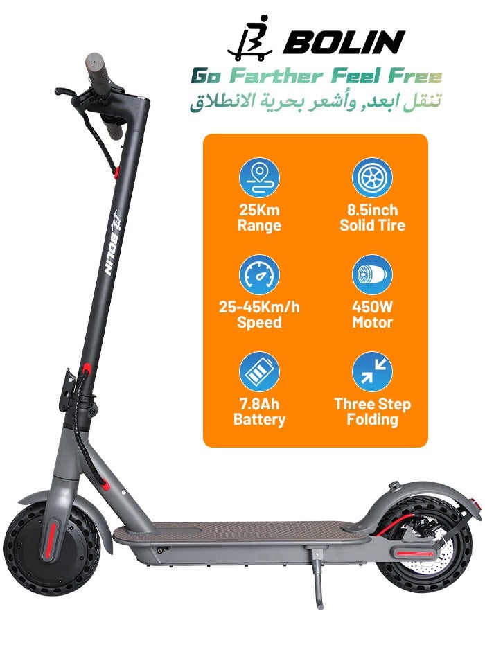 bolin Premium Adult Electric Scooter, 450W Brushless Motor, 8.5-inch Explosion-Proof Tires, 25 km Range, 150 kg Load Capacity, 20-45 km/h Speed, E Scooter for Adults and Teen,Aluminum Alloy Frame,Grey - Image 1