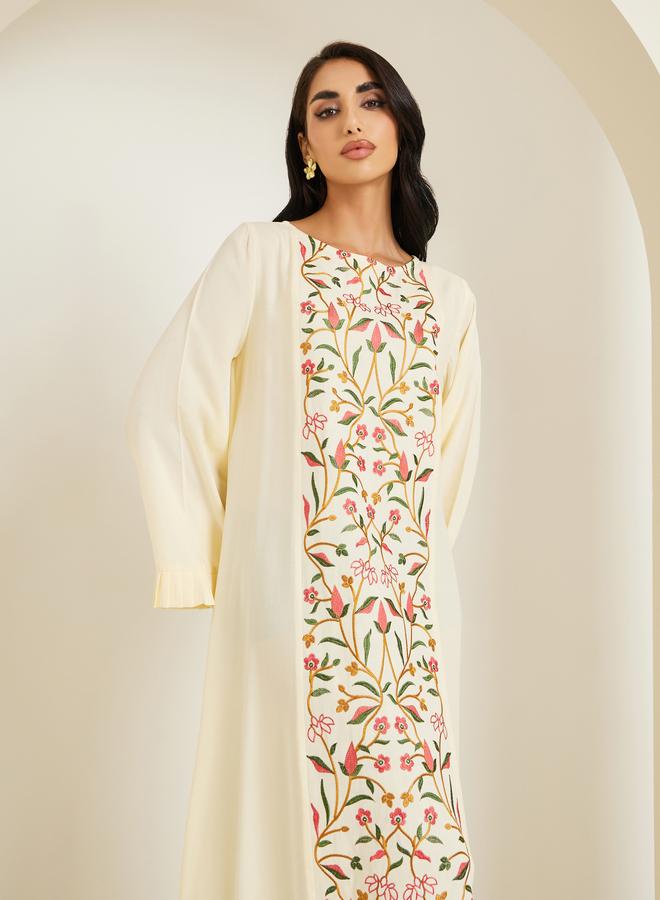 Amirah Women Cream Floral Embroidered Jalabiya - Image 3