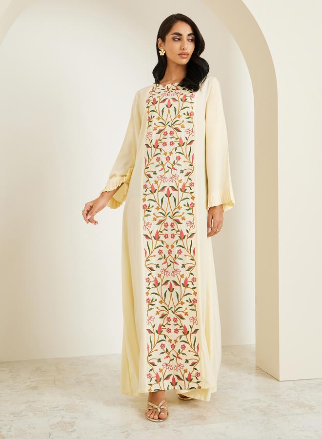 Amirah Women Cream Floral Embroidered Jalabiya - Image 2