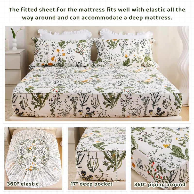 QSH 100% Cotton Sheets for King Size Bed, Yellow Flowers Plant Pattern Botanical Luxury Cotton Printed Floral Bedding King Size Sheet with Deep Pockets 17" Soft and Breathable 4pcs - Image 4