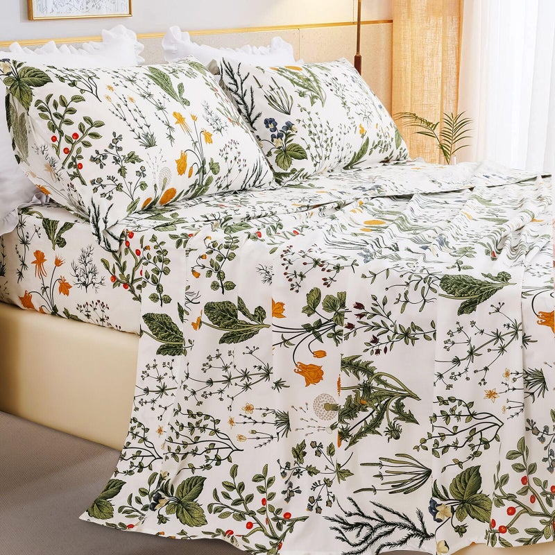 QSH 100% Cotton Sheets for King Size Bed, Yellow Flowers Plant Pattern Botanical Luxury Cotton Printed Floral Bedding King Size Sheet with Deep Pockets 17" Soft and Breathable 4pcs - Image 2