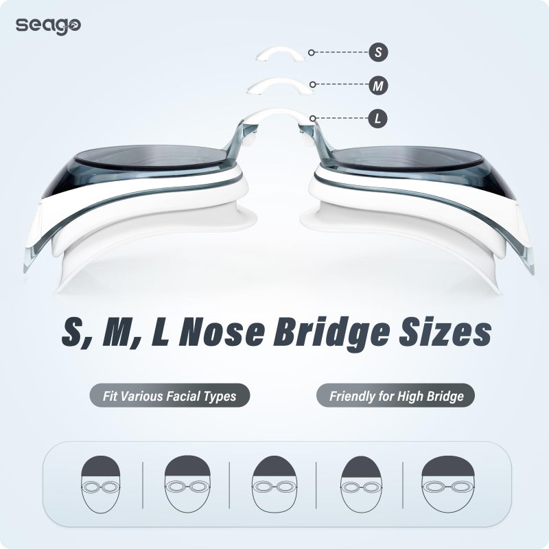 Seago Swimming Goggles 2 Pack Anti Fog Goggles Swimming UV Protection Fit for Adult Men Women Youth Junior, No Leaking Soft Silicone Seal Flat Lens Clear Vision, 3 Sizes of Nose Bridge - Image 4