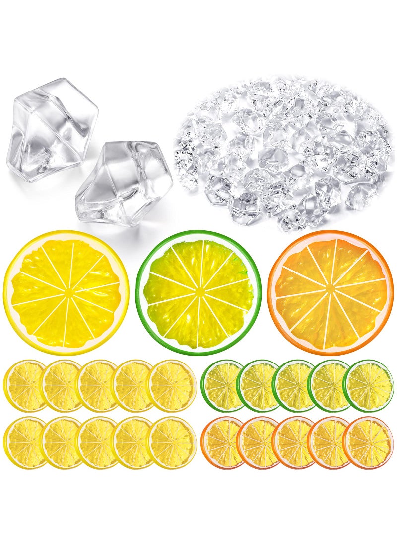 Canlierr 300 Pieces Clear Fake Crushed Ice Cubes Rocks and 20 Pieces Simulation Lemon Slices  Artificial Fruits and Acrylic Diamonds Clear Ice for Vase Fillers Table Centerpiece Decor Wedding (2 x 0.4 Inch)  - Image 1