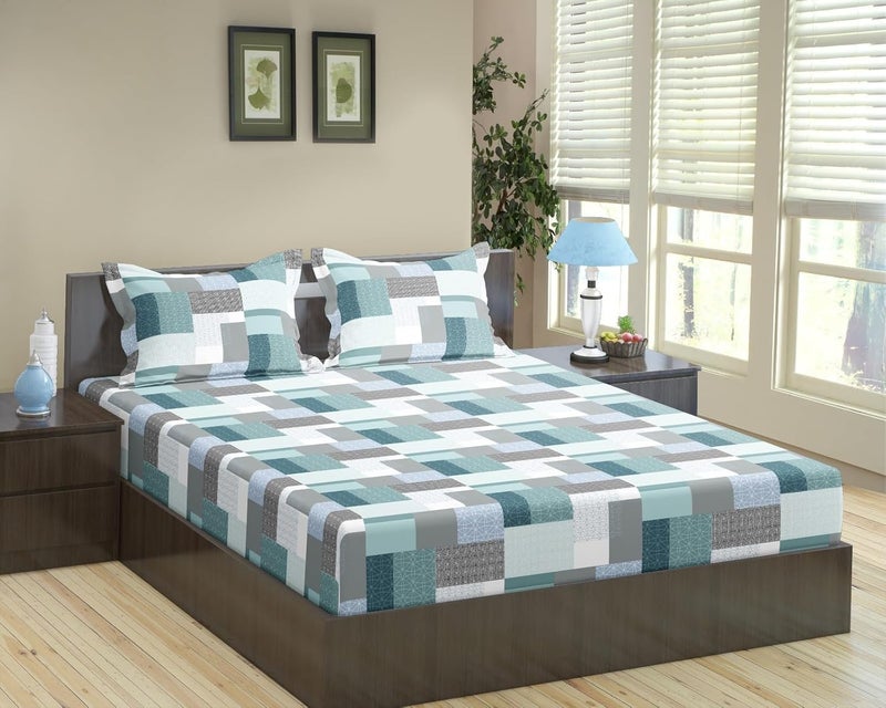 Trance Home Linen Trance Home Linen 100% Cotton 180 TC 144Tc Elastic Fitted Bedsheet | Printed Twin Size Bed Elasticated Fitted Bedspread With 2 Pillow Covers (75X48 Inch, Abstract Green)  - Image 1