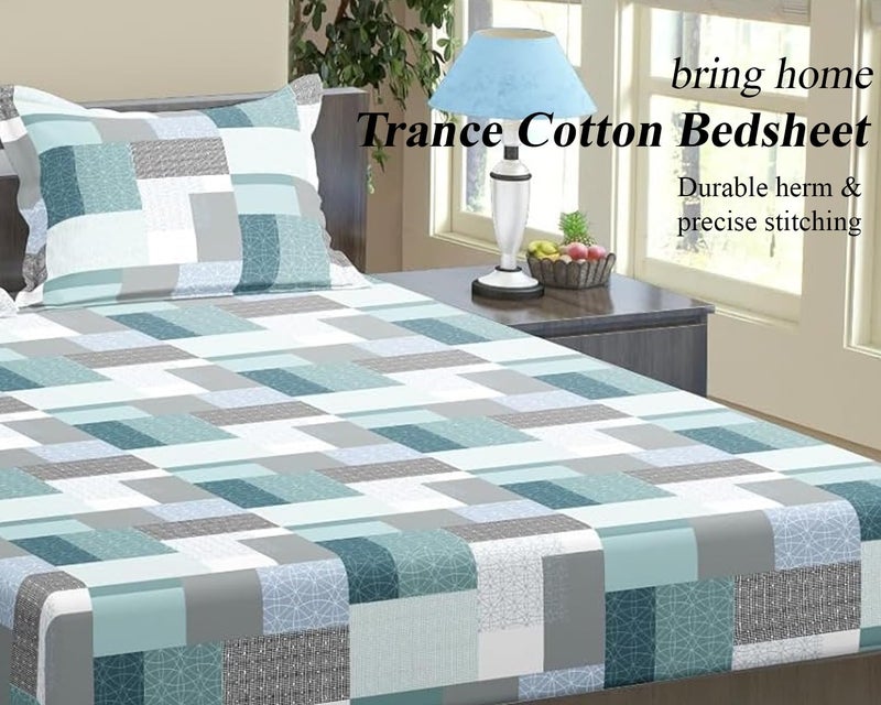 Trance Home Linen Trance Home Linen 100% Cotton 180 TC 144Tc Elastic Fitted Bedsheet | Printed Twin Size Bed Elasticated Fitted Bedspread With 2 Pillow Covers (75X48 Inch, Abstract Green)  - Image 4