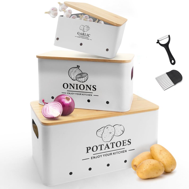 Dekosilave Kitchen Vegetable Storage Set of 3, Metal Onion Garlic Potato Storage Set, Kitchen Canisters Vegetable Keeper Containers with Aerating Holes and Wooden Lid (White) - Image 1