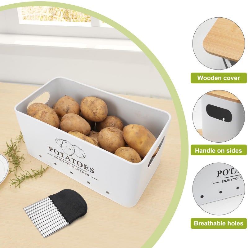 Dekosilave Kitchen Vegetable Storage Set of 3, Metal Onion Garlic Potato Storage Set, Kitchen Canisters Vegetable Keeper Containers with Aerating Holes and Wooden Lid (White) - Image 3
