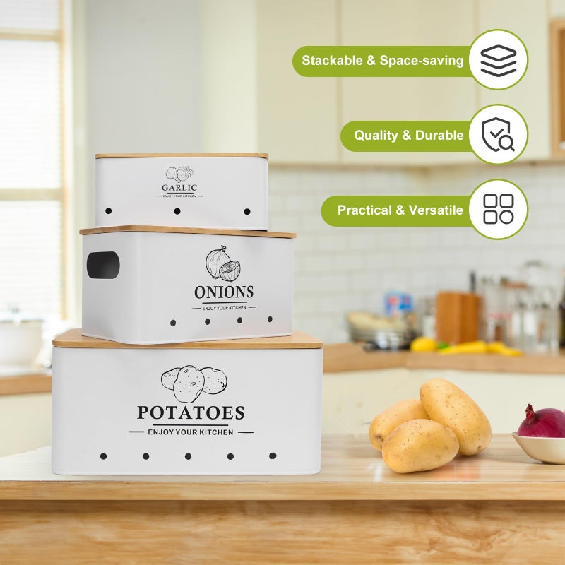 Dekosilave Kitchen Vegetable Storage Set of 3, Metal Onion Garlic Potato Storage Set, Kitchen Canisters Vegetable Keeper Containers with Aerating Holes and Wooden Lid (White) - Image 2