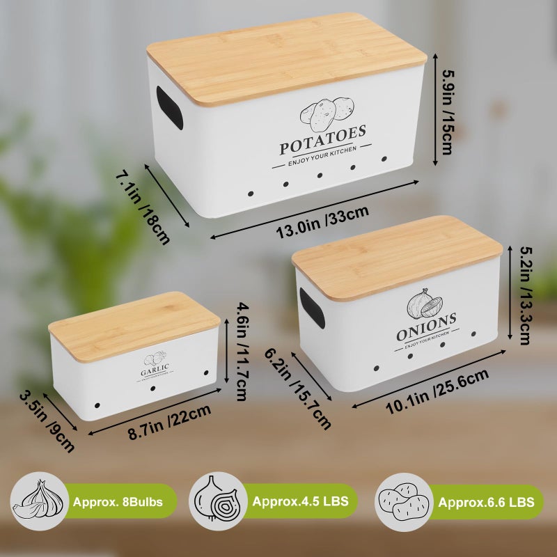 Dekosilave Kitchen Vegetable Storage Set of 3, Metal Onion Garlic Potato Storage Set, Kitchen Canisters Vegetable Keeper Containers with Aerating Holes and Wooden Lid (White) - Image 5