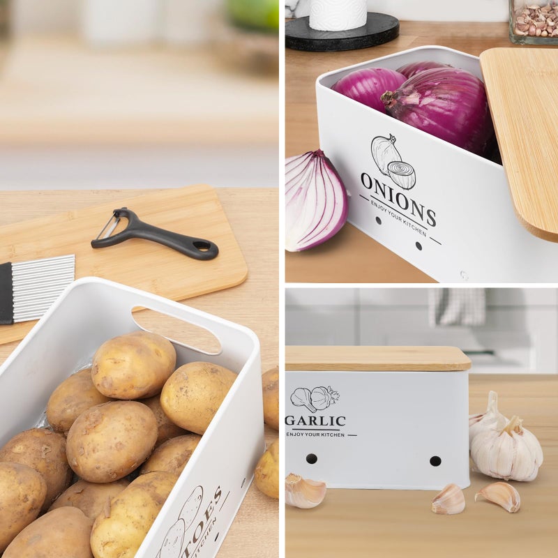 Dekosilave Kitchen Vegetable Storage Set of 3, Metal Onion Garlic Potato Storage Set, Kitchen Canisters Vegetable Keeper Containers with Aerating Holes and Wooden Lid (White) - Image 4