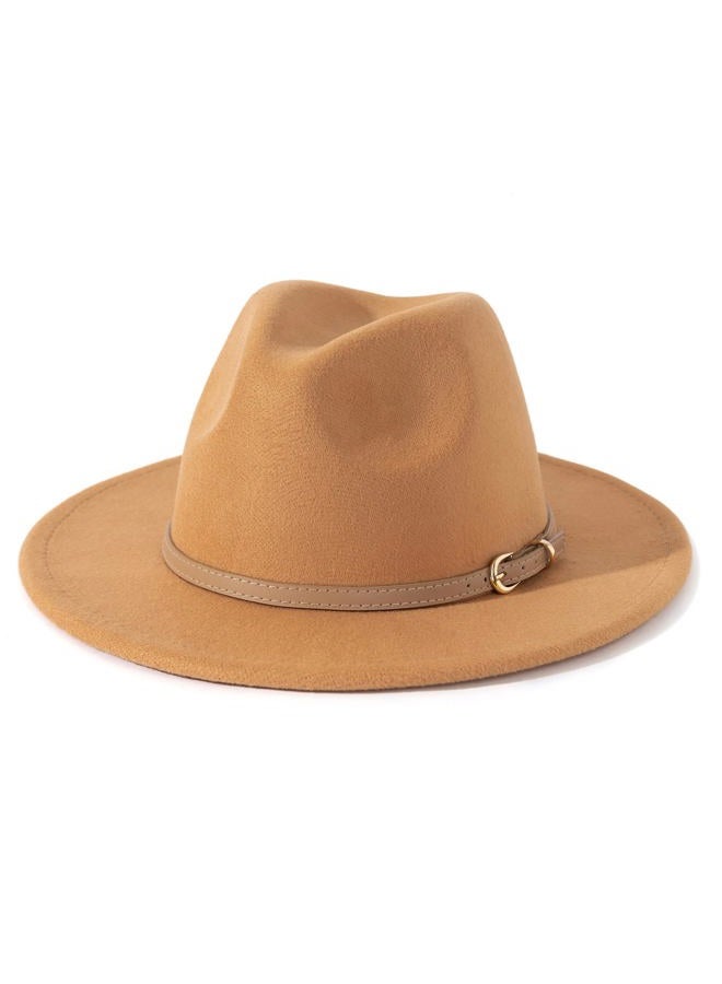 Lisianthus Women Classic Felt Fedora Wide Brim Hat with Belt Buckle, Camel, M - Image 1