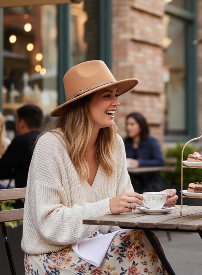 Lisianthus Women Classic Felt Fedora Wide Brim Hat with Belt Buckle, Camel, M - Image 5