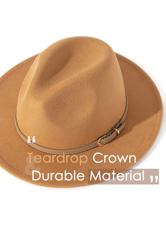 Lisianthus Women Classic Felt Fedora Wide Brim Hat with Belt Buckle, Camel, M - Image 2