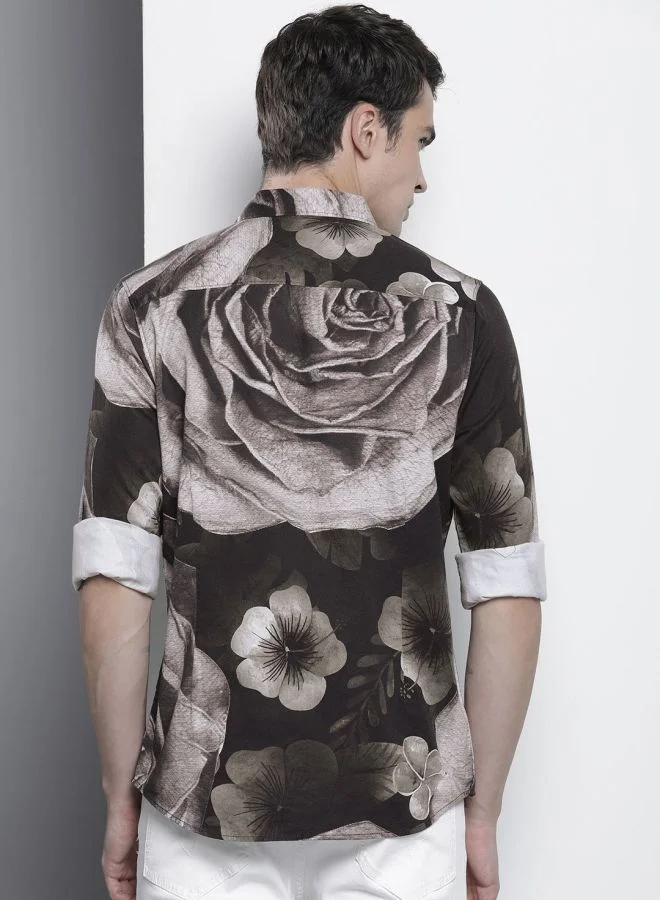 شركة المرآب الهندية قميص رجالي بقصة ضيقة وطبعة زهور وأكمام كاملة وياقة مفتوحة للمناسبات