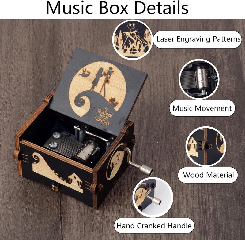 BeyHer Hand Cranked Music Box Vintage Wooden Craft Laser Engraved Night-mare Musical Box Melody-This is Halloween Mini Home Decorations Gifts for Christmas Halloween Valentines Birthday - Image 2