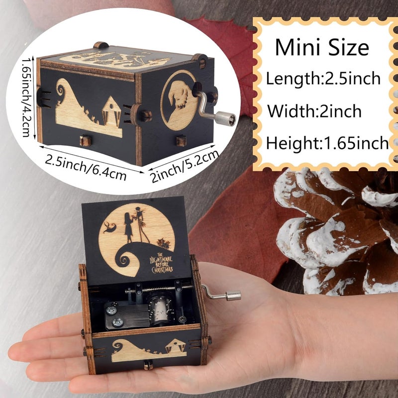 BeyHer Hand Cranked Music Box Vintage Wooden Craft Laser Engraved Night-mare Musical Box Melody-This is Halloween Mini Home Decorations Gifts for Christmas Halloween Valentines Birthday - Image 5