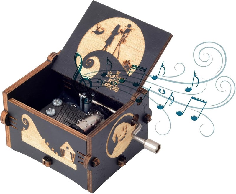 BeyHer Hand Cranked Music Box Vintage Wooden Craft Laser Engraved Night-mare Musical Box Melody-This is Halloween Mini Home Decorations Gifts for Christmas Halloween Valentines Birthday - Image 1
