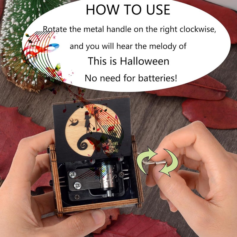 BeyHer Hand Cranked Music Box Vintage Wooden Craft Laser Engraved Night-mare Musical Box Melody-This is Halloween Mini Home Decorations Gifts for Christmas Halloween Valentines Birthday - Image 4