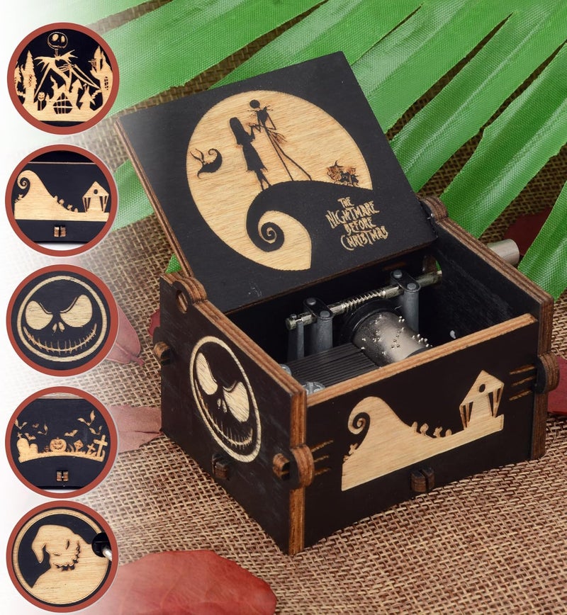 BeyHer Hand Cranked Music Box Vintage Wooden Craft Laser Engraved Night-mare Musical Box Melody-This is Halloween Mini Home Decorations Gifts for Christmas Halloween Valentines Birthday - Image 3