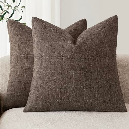 Foindtower Set of 2 Decorative Linen Check Throw Pillow Covers Neutral Farmhouse Vintage Cushion Covers Modern Boho Home Decor for Sofa Chair Couch Bedroom Living Room1818 InchDark Brown - Image 1