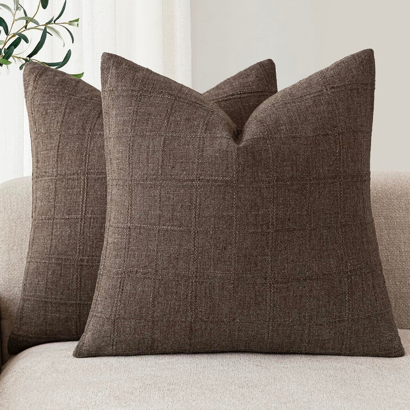 Foindtower Set of 2 Decorative Linen Check Throw Pillow Covers Neutral Farmhouse Vintage Cushion Covers Modern Boho Home Decor for Sofa Chair Couch Bedroom Living Room1818 InchDark Brown - Image 2