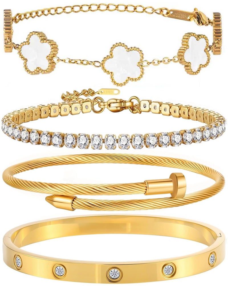 GIVCHO 18K Gold Plated Nail Love Bangle Bracelet Set for Women Stackable Floral Clover Adjustable Tennis Bracelet Non Tarnish Gift Jewelry for Christmas Valentines Birthday Mother's Day (White) - Image 1