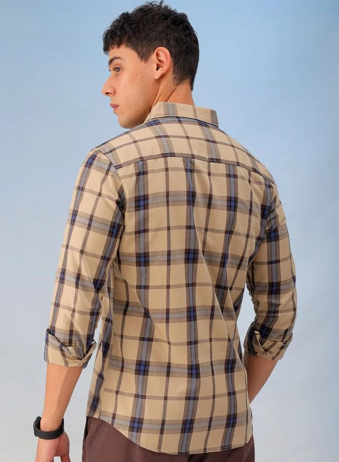 The Indian Garage Co Men Slim Fit Checkered Full Sleeves Cutaway Collar Casual Shirt