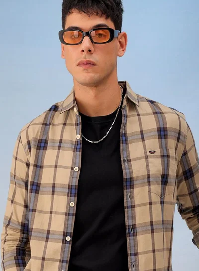 The Indian Garage Co Men Slim Fit Checkered Full Sleeves Cutaway Collar Casual Shirt