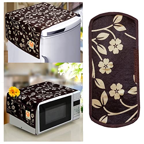 KANUSHI Industries® Fridge Covers/Refrigerator Cover + 1 Pc Handle Cover + 1 Pc Microwave/Oven Cover for Top (Color- Brown)(Copy-FRI+Micro-Brown-Raj+1 Handle) - Image 1