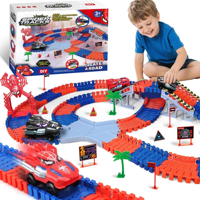 Aooess Toys for 38 Year Old Boys 212 PCS Spider Construction Race Tracks for Kids Gifts for 3 4 5 6 7 8 Year Old Boys Girls Toy Presents Flexible Race Tracks Cars Gift Set with 2 Electric Cars - Image 3