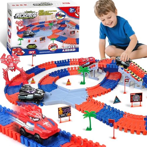 Aooess Toys for 38 Year Old Boys 212 PCS Spider Construction Race Tracks for Kids Gifts for 3 4 5 6 7 8 Year Old Boys Girls Toy Presents Flexible Race Tracks Cars Gift Set with 2 Electric Cars - Image 1
