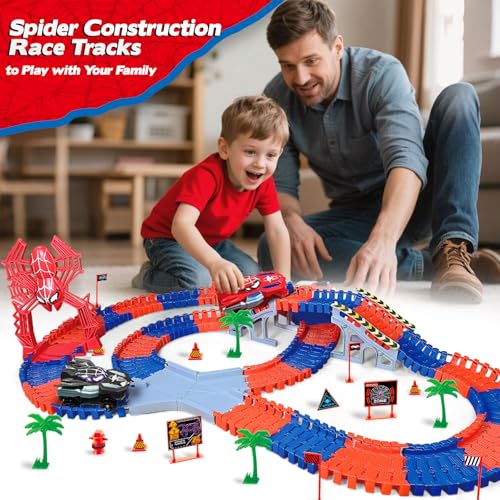 Aooess Toys for 38 Year Old Boys 212 PCS Spider Construction Race Tracks for Kids Gifts for 3 4 5 6 7 8 Year Old Boys Girls Toy Presents Flexible Race Tracks Cars Gift Set with 2 Electric Cars - Image 5