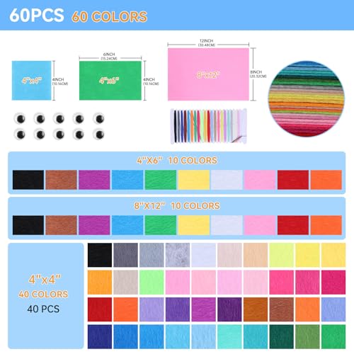 ABEJFIC 60PCS Felt Fabric Sheets Craft Kit 4x 4 4x 6 8x 12 Assorted Colors 1mm Thick Square Nonwoven Felt Fabric for Kids DIY Sewing Crafts Patchwork School Projects Decoration - Image 3