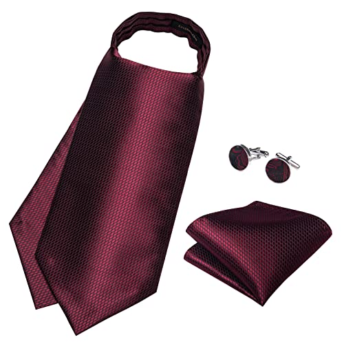 DiBanGu Burgundy Ascot Ties for Men Cravat Tie and Pocket Square Set Jacquard Silk Ascot Paisley Cravat for Men - Image 4