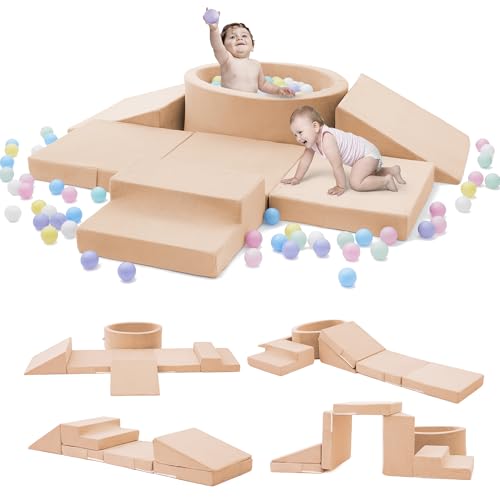 Elftopia Foam Climbing Blocks with Ball Pit Stairs for Toddlers Aged 13 Soft Playset for Indoor Crawling Foam Playground Set for Baby to Active Playing Inside Balls NOT IncludedBeige - Image 1
