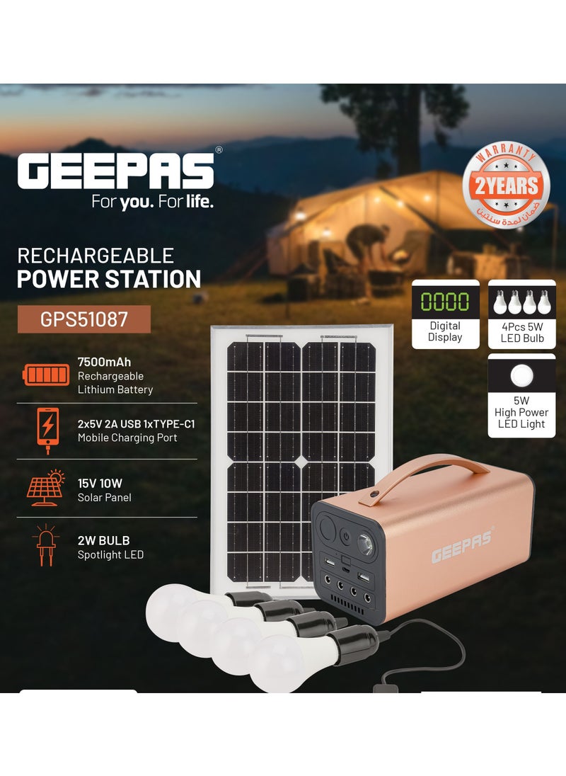 GEEPAS - Geepas Rechargeable Power Station With 7500 mAh  Rechargeable Lithium Battery, 2X5V 2A USB,  1 X Type C1 Mobile Charging Port, 15V 10W Solar Panel, Spotlight LED, Aluminum Alloy Body, Digital Display - Image 1