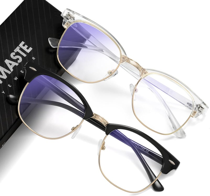 AOMASTE Store نظارات حجب الضوء الأزرق بتصميم عتيق بإطار نصف دائري عدسات شفافة مضادة للإجهاد البصري لألعاب الكمبيوتر للنساء والرجال (P61) - Image 1