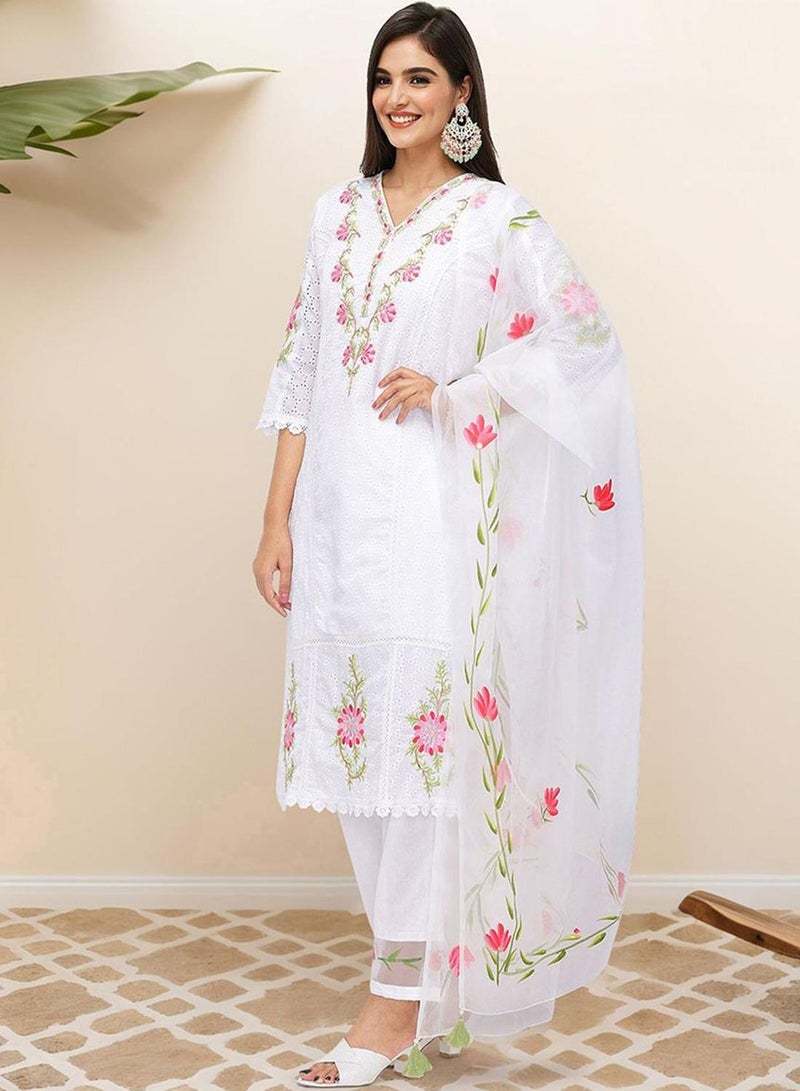 ISHIN WOMEN Off White Cotton Kurta Sets - 3pcs - Image 3