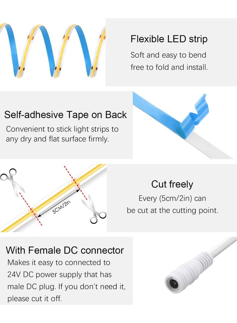 ALITOVE 24V COB LED Strip 10m Warm White 3000K LED Strip Light Self-Adhesive 320LEDs/M Non-Waterproof IP30 for DIY Indoor Lighting Home Decoration (Without Power Supply and Dimmer) - Image 5