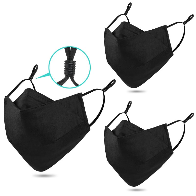Yarehand 3Ply Organic Cotton Cloth Face Mask Reusable Washable Face Masks Adjustable Ear Loops Nose Wire Filter Pocket Pack of 3 No FogDust for Unisex Adult 3 Black - Image 3
