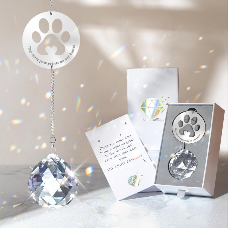 Mooncraftlogy Dog Memorial Gifts Unique Loss of Pet Sympathy Idea Clear Crystal Ball Rainbow Suncatcher with Paw Print for Cat or Dog Remembrance and Bereavement