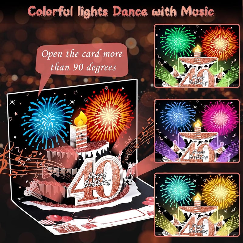 Uiorgui 40th Birthday Cards for Women, Pop Up Cake Blow Out Candle Fireworks Light and Music Black Rose Gold Happy 40th Birthday Card Gift for Women, Sister, Wife, Mom, Friends - Image 2