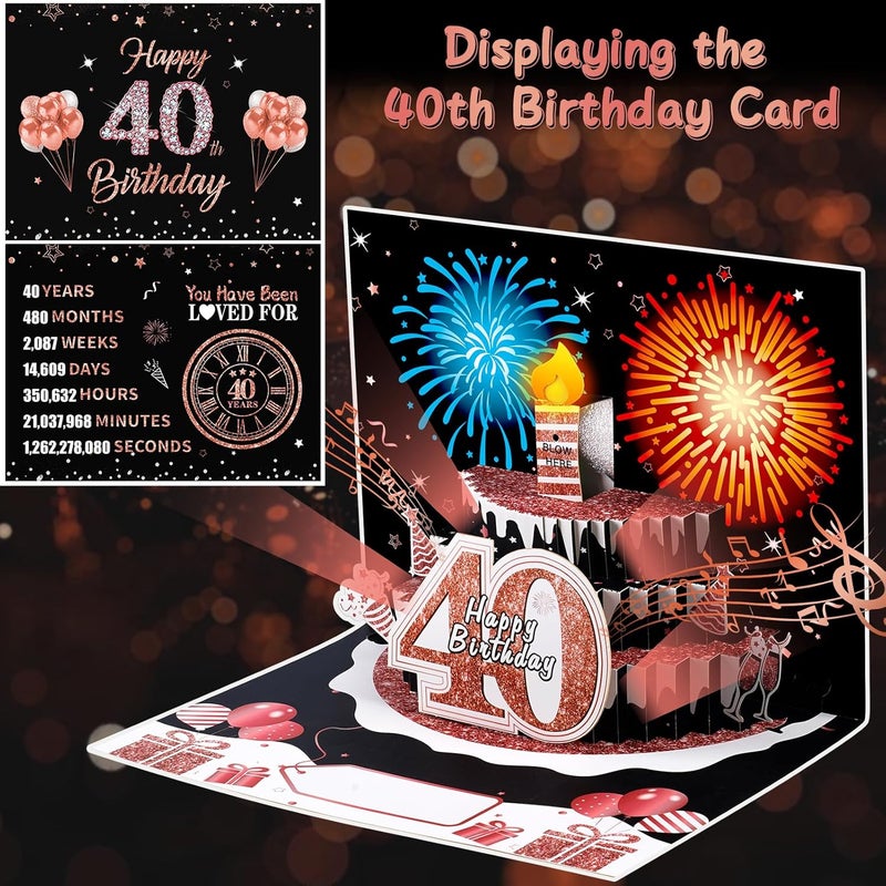 Uiorgui 40th Birthday Cards for Women, Pop Up Cake Blow Out Candle Fireworks Light and Music Black Rose Gold Happy 40th Birthday Card Gift for Women, Sister, Wife, Mom, Friends - Image 3