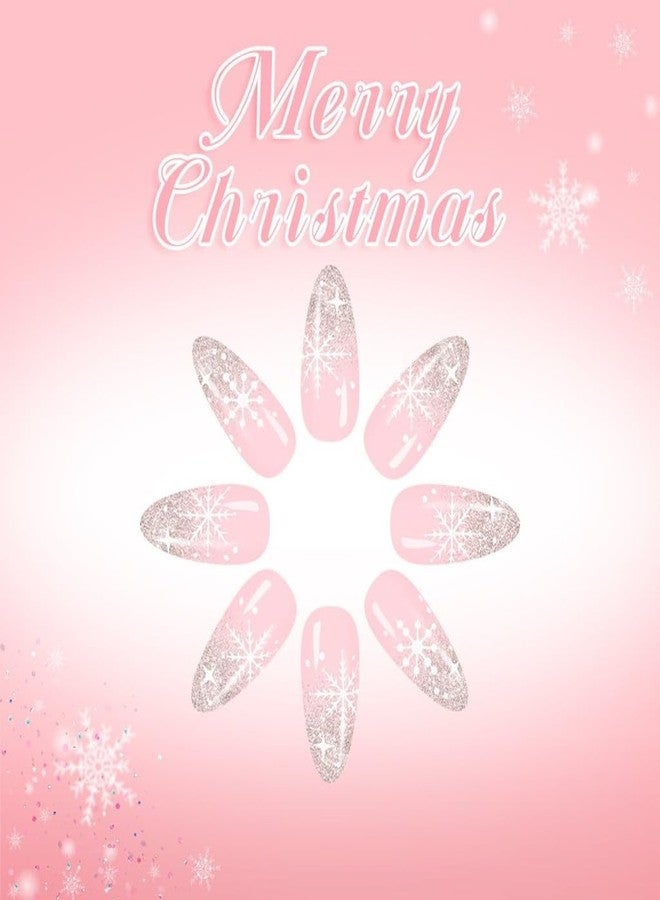 CTTHNBD Christmas Press on Nails Almond - Medium Fake Nails with Snowflake Design - Silver Glitter Full Cover Stick on False Nails - for Women Winter Manicure 24 Pcs - Image 3