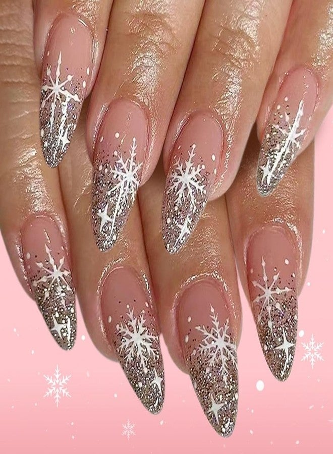 CTTHNBD Christmas Press on Nails Almond - Medium Fake Nails with Snowflake Design - Silver Glitter Full Cover Stick on False Nails - for Women Winter Manicure 24 Pcs - Image 1