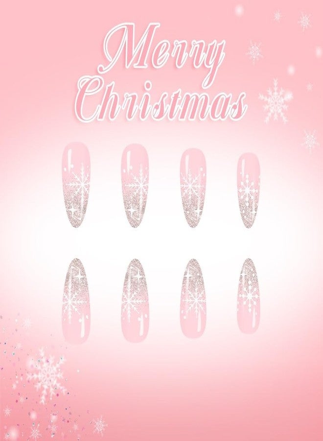 CTTHNBD Christmas Press on Nails Almond - Medium Fake Nails with Snowflake Design - Silver Glitter Full Cover Stick on False Nails - for Women Winter Manicure 24 Pcs - Image 4