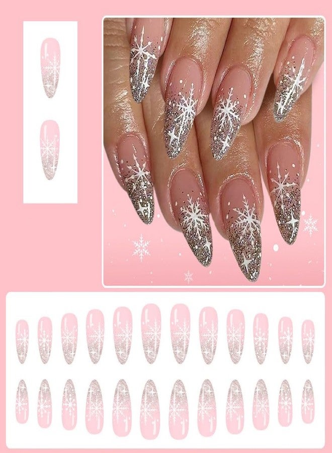 CTTHNBD Christmas Press on Nails Almond - Medium Fake Nails with Snowflake Design - Silver Glitter Full Cover Stick on False Nails - for Women Winter Manicure 24 Pcs - Image 2