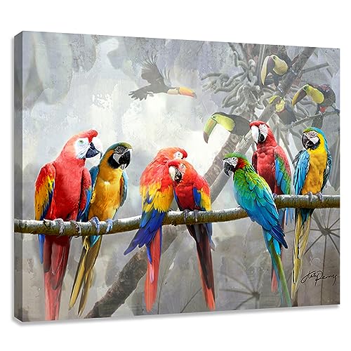 Woxfcart Macaw Parrot Canvas Wall Art 12 x 15 Inch Tropical Colorful Bird Print on Branch Framed Jungle Animal Painting for Living Room Bedroom Home Office Decor - Image 1