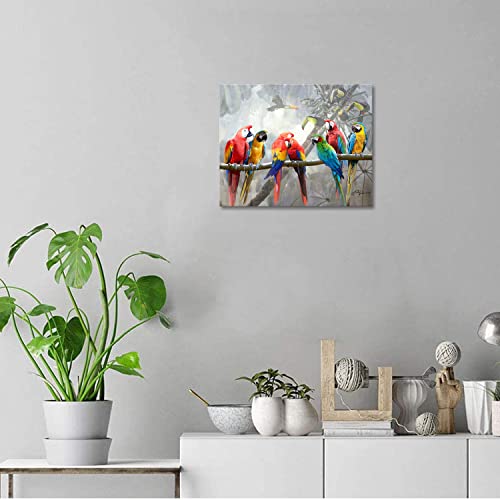 Woxfcart Macaw Parrot Canvas Wall Art 12 x 15 Inch Tropical Colorful Bird Print on Branch Framed Jungle Animal Painting for Living Room Bedroom Home Office Decor - Image 3