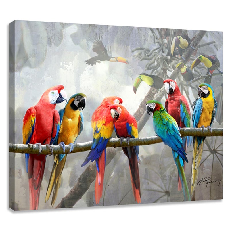 Woxfcart Macaw Parrot Canvas Wall Art 12 x 15 Inch Tropical Colorful Bird Print on Branch Framed Jungle Animal Painting for Living Room Bedroom Home Office Decor - Image 2